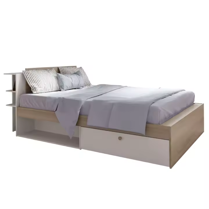 Miroytengo Cama matrimonio Life en color roble Kronberg y blanco mate con cabecero y 2 cajones 135-140x190-200 cm - 1