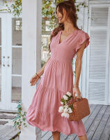 Vestido Largo Medio De Verano Para Mujer Con Manga Volante Y Cuello V Estilo Casual Suelto A-Line Sin Capucha Material Viscosa Y Poliéster - details 8