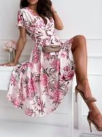 Nuevo Vestido De Verano Para Mujer Con Estampado Floral Cuello V Manga Corta Elegante Con Botones Y Cinturón Estilo Bohemio Midi - details 4