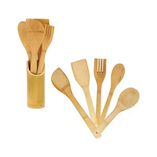 Bloom Store - Porta Cubiertos y Cucharones de Cocina en Madera de Bambú con 5 Accesorios - Organizador de Utensilios con Soporte de Bambú y 5 Piezas Incluidas - 1
