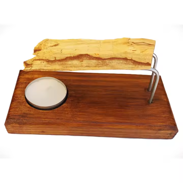 Quemador para  Palo Santo e Inciensos, Base de Madera Natural 100% con Soporte Metálico, Incluye Vela y Palo Santo Color Nogal. Madera Natural 100% - 1