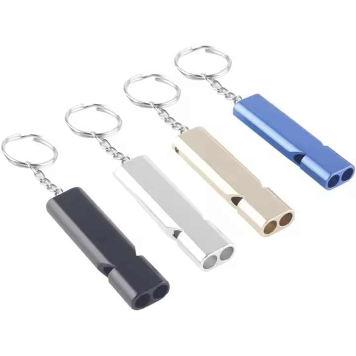 4 Piezas Silbato de Emergencia, Silbato de Metal Silbato Supervivencia Doble Tubos Silbato de Seguridad de Aluminio con Llavero para Supervivencia y Rescate al Aire Libre así como para árbitros - 1