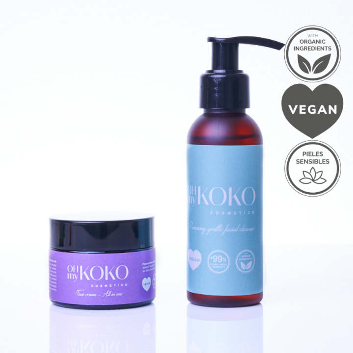 Ohmykoko Piel de Seda en 2 Pasos. Todas las Pieles. Essential Pack. Limpieza Exfoliación Hidratación Antiedad. Gel Limpiador Exfoliante Desmaquillante de Espuma - Crema Retinol Vegano Bakuchiol Hidratante Antiedad Unificante Reafirmante. Vegano y Natural.