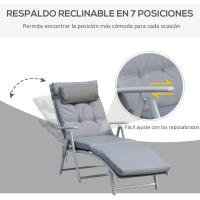 Outsunny Tumbona Plegable de Jardín con Respaldo Ajustable en 7 Posiciones Almohada y Cojín Acolchado para Terraza Piscina Exterior Carga Máx. 165 kg 137x63,5x100,5 cm Gris - details 3
