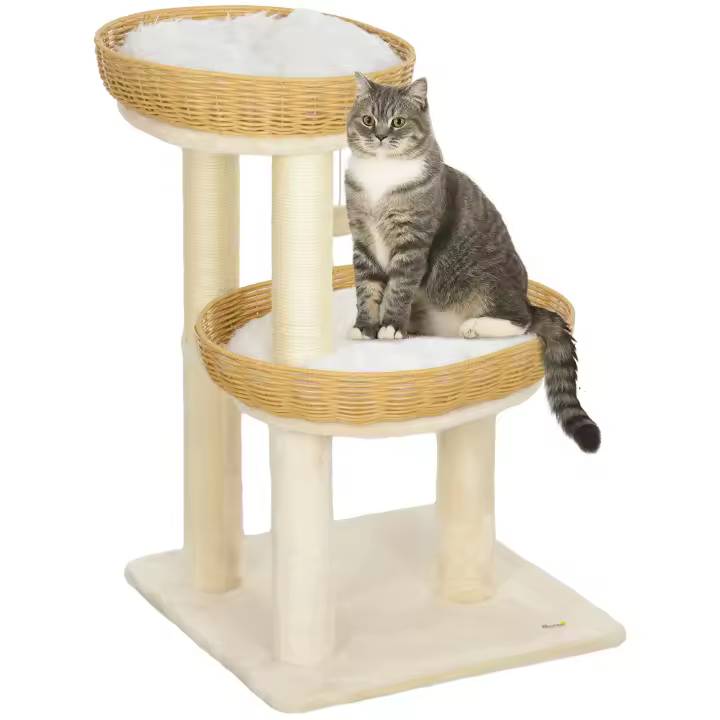 PawHut Árbol para gatos, árbol trepador, 75,5 cm de altura, con dos camas de ratán para gatos, postes rascadores, cojines lavables, pelota de juguete, color beige - 1