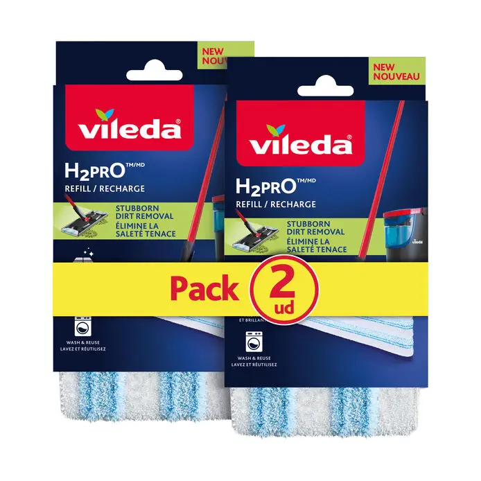 Vileda Pack 2 Recambios Mopa H2PRO Flat Mop | Microfibra avanzada para limpieza profunda y eficaz | Compatible con sistema separación agua limpia y sucia | Lavable, reutilizable y duradero hasta 400 usos | Ideal para cerámica, parquet y laminados - 1