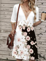 Vestido Corto Impreso Verano Con Cuello V Y Encaje Talla Grande Hasta La Rodilla Para Mujer Estilo Casual Polyester - details 16