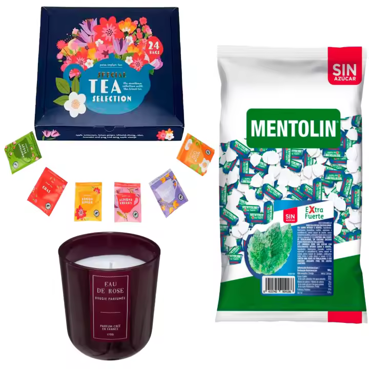 Lote respira: MENTOLIN EXTRA FUERTE S/A BOLSA 1KG + Vela perfumada rosa de silicona 170 g + Set de Te con 24 bolsitas con diferentes sabores y aromas - 1