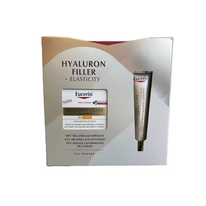 Pack Regalo Elasticidad Eucerín Hyaluron Filler Elasticity Día FPS30 (50ml)+ Contorno de Ojos  de Regalo (15ml). Es un crema antiedad que refuerza la estructura de la piel:  - Mejora la eslasticidad. - Rellena las arrugas más profundas. - 1