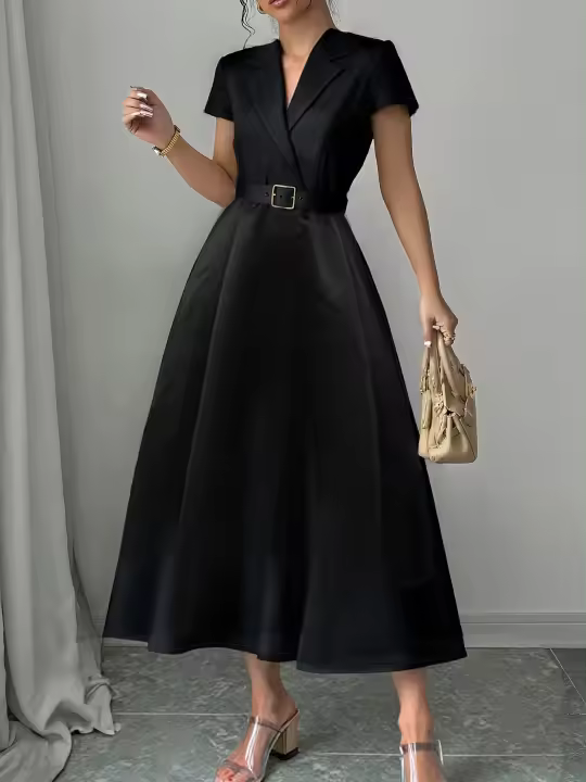 Vestido Elegante De Satén Para Mujer Con Cinturón Y Manga Corta En Color Negro Estilo A-Line Collar Turn-Down Para Oficina Ropa Casual - 1