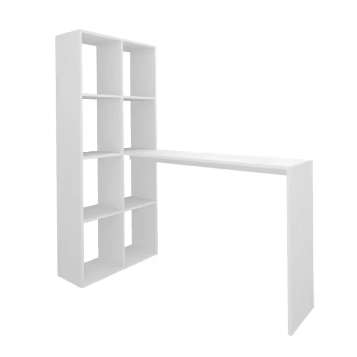 Buyqualia Escritorio con estantería de 8 huecos reversible, Mesa de ordenador color blanco (alto 150/ ancho 135/ fondo 65) - 1