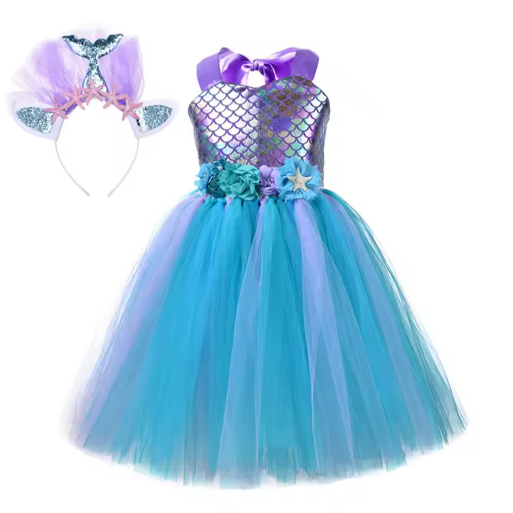Vestido de sirena de verano Tutu Dreams para niñas con diadema, regalo de fiesta de cumpleaños, ropa de vestir - 1