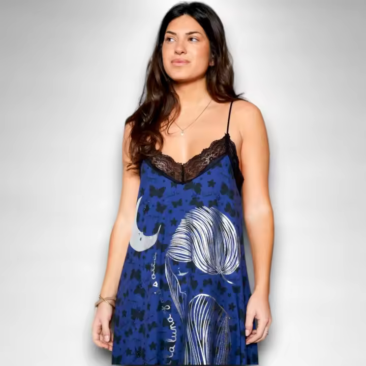 Vestido Night Anabel Lee - Lencero Fluido con Mariposas y Glitter Plateado - 1