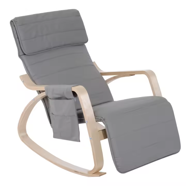 HOMCOM Sillón mecedor de lujo confort y relax reposapiés regulable funda extraíble 66 x 90 x 92,5 cm madera maciza gris claro - 1