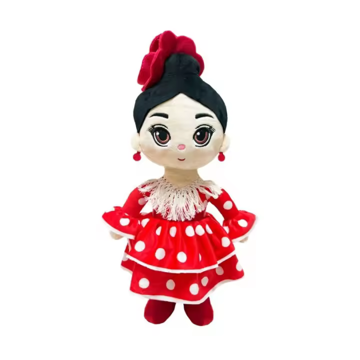 Figura Muñeca de trapo Peluche Carmencita Traje de Sevillana Vestido de Faralaes Rojo con lunares 24cm - Para todas las edades: +0 meses - 1