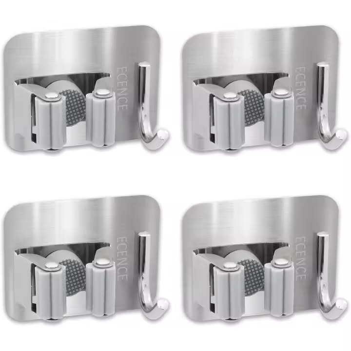 4X portaherramientas autoadhesivo con ganchos para escoba, montaje en pared para cocina, lavandería, baño, soporte universal de montaje rápido de plata - 1