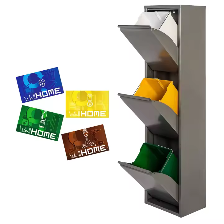 Cubo de Basura y Reciclaje Metálico Wellhome 3 Compartimentos + 4 Etiquetas Magnéticas - 1