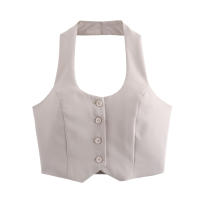 Conjunto De Vestido Y Pantalones Anchos Para Mujer TRAFZA Estilo Retro Sin Espalda Halter Collar Delgado Botones + Cintura Alta Pleated Con Bolsillos - details 3