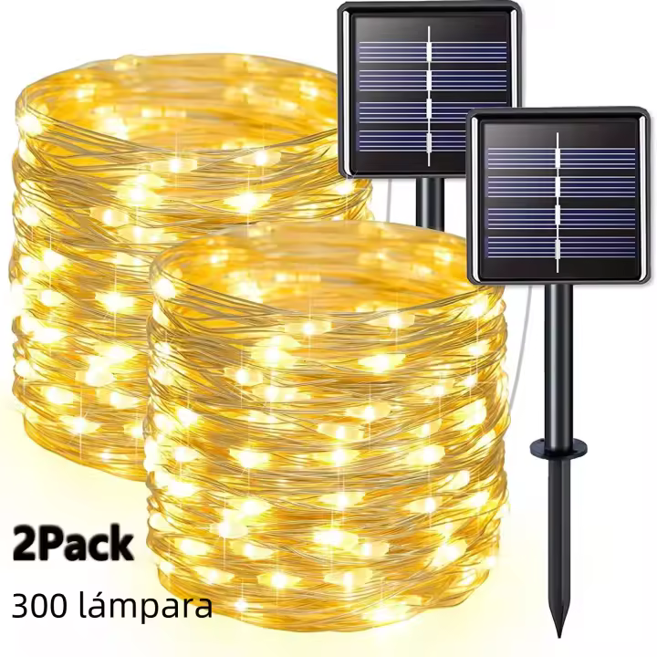 2 Pack Luces Solares De Hadas 300LED Cadena De Luces Solar Al Aire Libre Impermeable 8 Modos Hilo De Cobre Twinkle Luz - 1