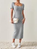Vestido De Punto Midi Cuello Cuadrado Ajustado En La Cintura Con Abertura Para Mujer Versátil Para Todo El Año Vestido De Oficina - details 1