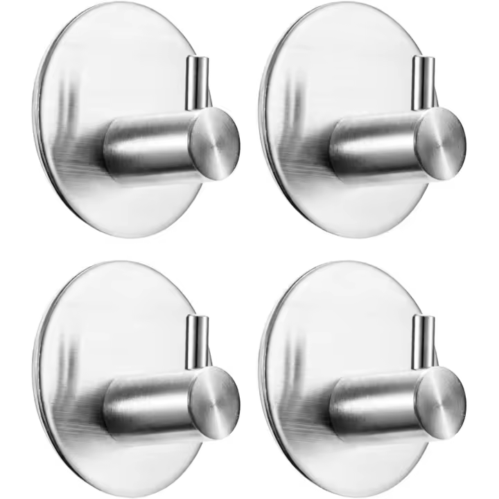 Towel Hooks for Bathroom (4 Pack) Adhesive Towel Hook Shower Hooks for Inside Shower - Sticky Bathroom Wall Hooks for Hanging Towels, Robe, Loofah, Bath Sponge - Brushed Nickel Towel Hooks - 1