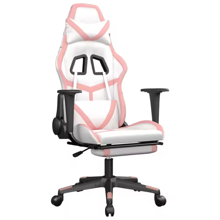Silla Gaming con reposapiés cuero sintético blanco y rosa - 1