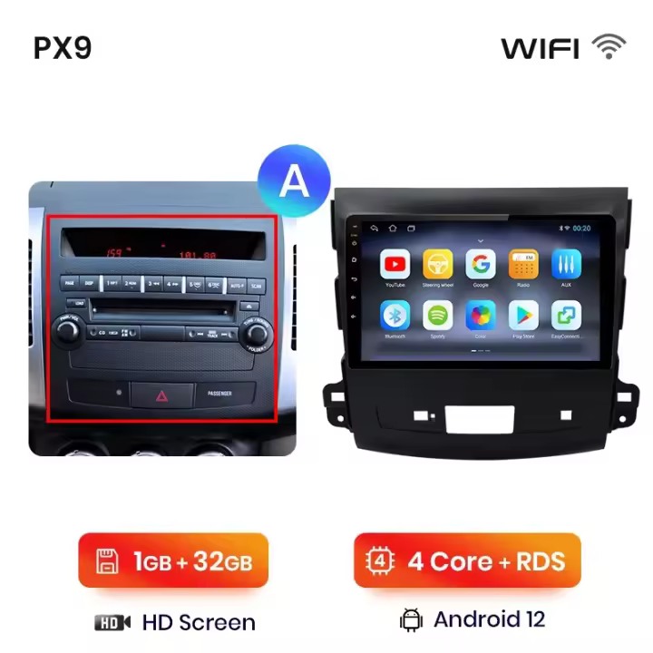 AWESAFE PX9 inalámbrico CarPlay Android Auto Radio para Mitsubishi Outlander 2 2005 2006 2007 2008 2009 2010 2011 2012 Citroen C-Crosser Peugeot 4007 coche reproductor multimedia GPS 2 din autoradio volante controles RDS Bluetooth - 1