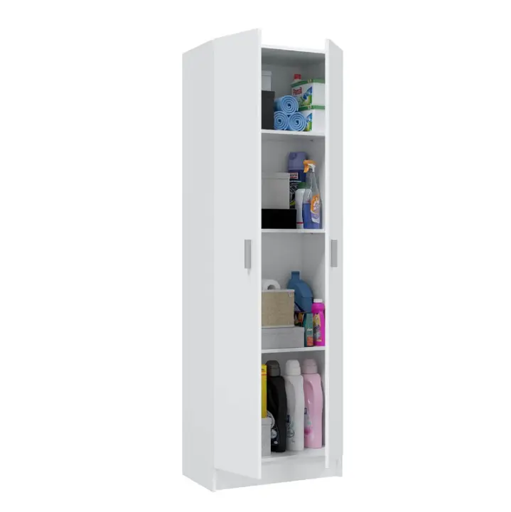 Meimon Armario Multiusos de 2 Puertas Blanco con 3 Estantes Regulables, Bisagras Metálicas, Tiradores en Gris Aluminio, y Soporte de Estantes Metálicos, Capacidad 45 Kg, Ideal para Almacenaje, Medidas: 180 cm x 59 cm x 37 cm, Con Tacos ABS Antiarañazos - 1