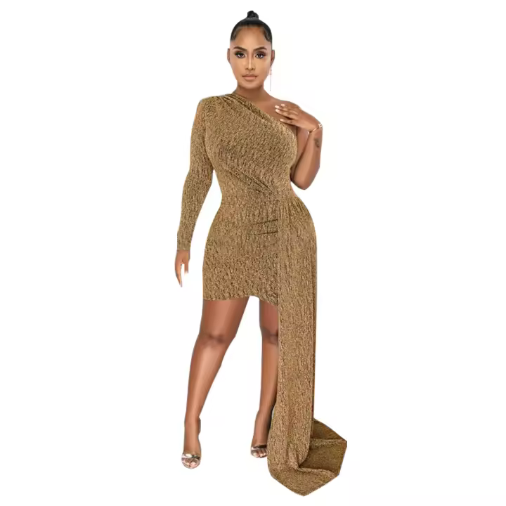Vestido Mini De Mujer En Color Sólido Con Cuello Oblicuo Manga Larga Cintura Alta Aplicación Irregular Un Hombro Estilo Comuter Sexy & Club - 1