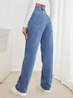 Jeans Para Mujeres Corte Recto Ajustado Y Suave De Alta Cintura Con Botones Y Bolsillos Estilo Casual De Moda Europea Y Americana - details 3