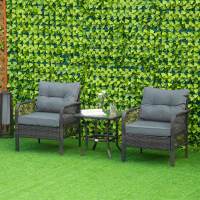 Outsunny Set de Muebles de Ratán 3 Piezas de Jardín 2 Sillones 65x66x75 cm y Mesa de Vidrio Templado 50x50x50 cm con Cojines Acolchados para Terraza Patio Marrón y Gris - details 1