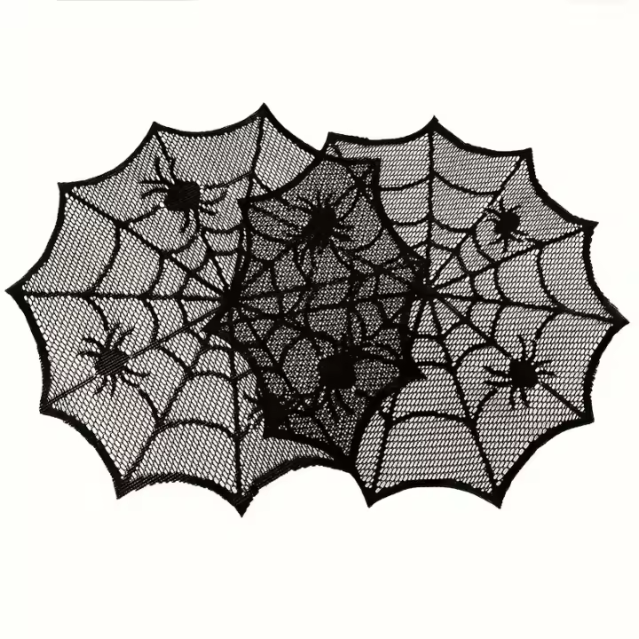 Mantel Individual De Lámina Redonda De Halloween En Lace Negro Impermeable Decoración De Mesa Tela De Servilleta Material Poliéster - 1