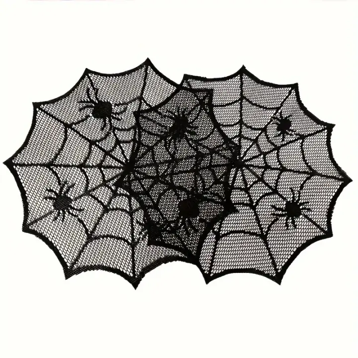 Mantel Individual De Lámina Redonda De Halloween En Lace Negro Impermeable Decoración De Mesa Tela De Servilleta Material Poliéster - 1