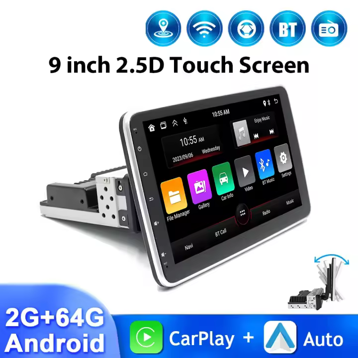 Radio Multimedia con GPS para coche, reproductor de vídeo con cámara de visión trasera, Carplay, Android13, WIFI, Bluetooth, 9 pulgadas 2.5D espejo de vidrio templado, 1DIN, 2 + 64G Con cámara AHD - 1