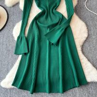 Vestido Largo Elegante Para Mujer Con Mangas Flared Y Volantes Cuello V Solido Bodycon Para Fiesta Y Oficina Polyester Mid-Calf - details 7