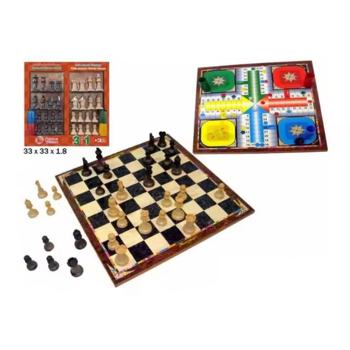 Rama Tritton - Juego de Mesa 3 en 1 Ajedrez, Damas y Parchis con Tablero de Madera - 40 Cm - 1