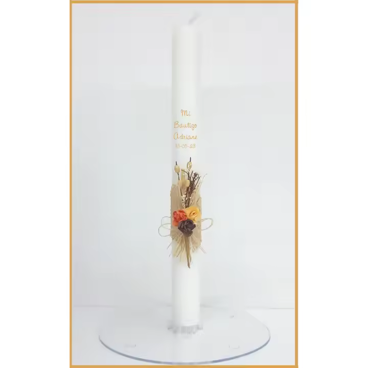 VELA (CIRIO) PARA BAUTIZO PERSONALIZADA NIÑA/NIÑO MEDIDA 3 x 30 CM DECORADA CON PICK FLORAL RÚSTICO NARANJA/MARRON. (PERSONALIZADA) AÑADIR TEXTO EN (Chatear con la tienda) - 1