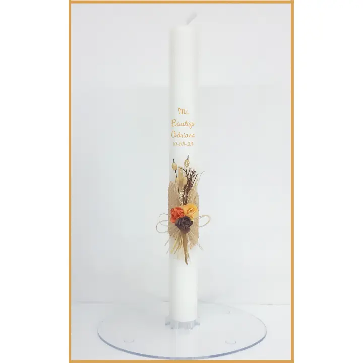 VELA (CIRIO) PARA BAUTIZO PERSONALIZADA NIÑA/NIÑO MEDIDA 3 x 30 CM DECORADA CON PICK FLORAL RÚSTICO NARANJA/MARRON. (PERSONALIZADA) AÑADIR TEXTO EN (Chatear con la tienda) - 1