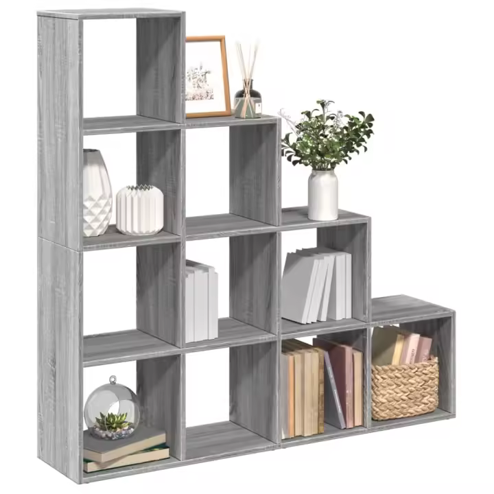 vidaXL Librería divisora 4 niveles madera negra 131,5x29x131,5 cm en color Negro/Gris sonoma/Gris hormigón y más - 1