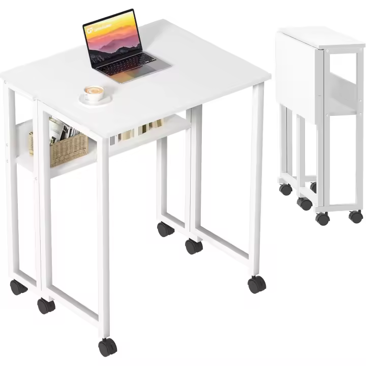 Pequeño Escritorio Plegable con Estante de Almacenamiento y Ruedas,Mesa para el Ordenador, fácil de Montaje y Ahorro de Espacio para Officina - 1