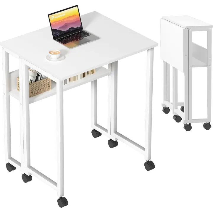 Pequeño Escritorio Plegable con Estante de Almacenamiento y Ruedas,Mesa para el Ordenador, fácil de Montaje y Ahorro de Espacio para Officina - 1