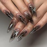 24PCS Uñas Postizas RTAUG Estilo Stiletto Con Largos Bowknot Negro Y Plateado Dissimétricas Cubiertas De Polvo Conjunto De Uñas Falsas Para Fiesta Y Verano - details 0