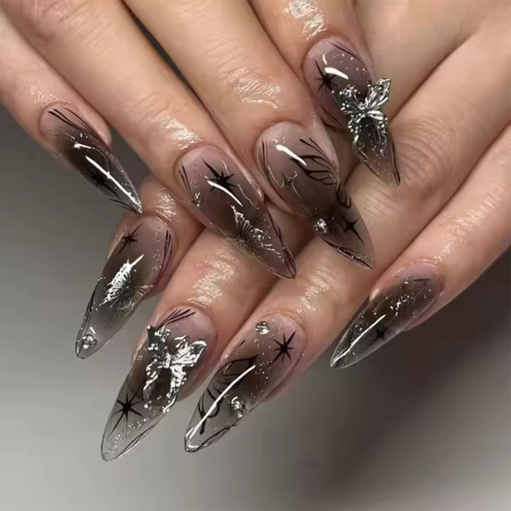24PCS Uñas Postizas RTAUG Estilo Stiletto Con Largos Bowknot Negro Y Plateado Dissimétricas Cubiertas De Polvo Conjunto De Uñas Falsas Para Fiesta Y Verano - 1