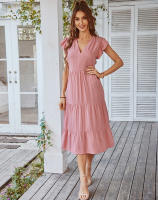 Vestido Largo Medio De Verano Para Mujer Con Manga Volante Y Cuello V Estilo Casual Suelto A-Line Sin Capucha Material Viscosa Y Poliéster - details 11