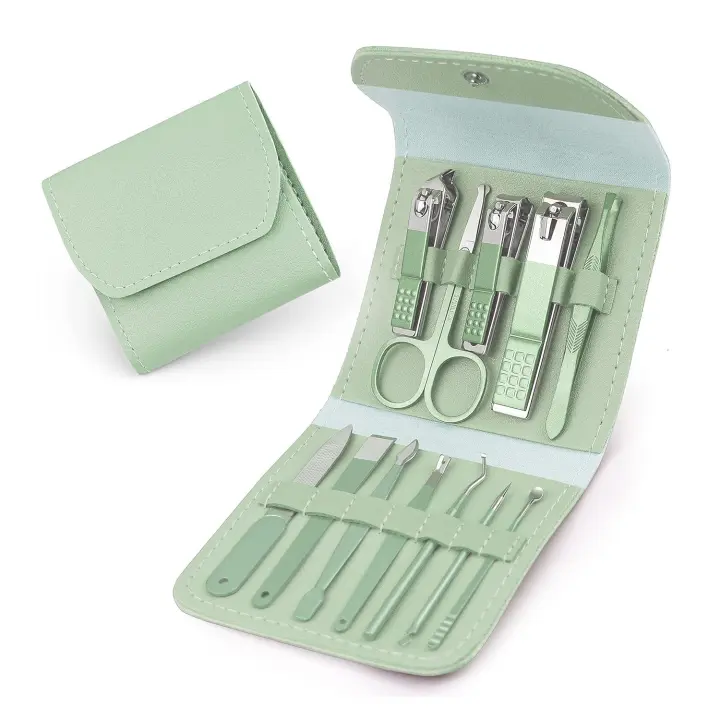 Juego de manicura y pedicura, cortaúñas, kit de manicura y pedicura, kit profesional para uñas 12 en 1 para uñas de los pies y las manos, color verde - 1