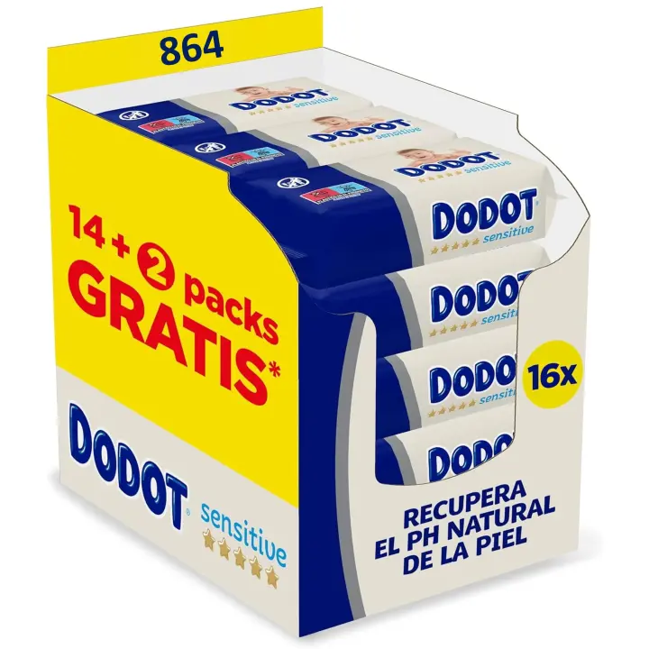 Dodot Toallitas Sensitive para Bebé, 864 Toallitas (16 Paquetes de 54 Toallitas), Sin perfume con PH natural y fibra de origen Vegetal, Óptima Protección para la Piel. - 1
