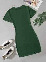 Vestido Mini Casual De Verano Para Mujer Verde Sólido Cuello Redondo Manga Corta Ajustado Estilo A-Line Nuevo 2024 - details 3