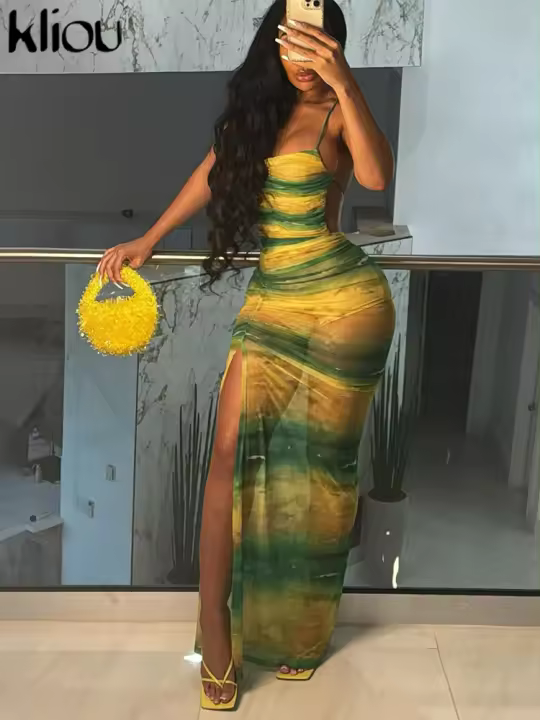 Vestido Largo De Verano Para Niñas Kliou Estilo Hipster Streetwear Malla Espalda Descubierta Ajustado Y Flared Vestido De Fiesta Club - 1