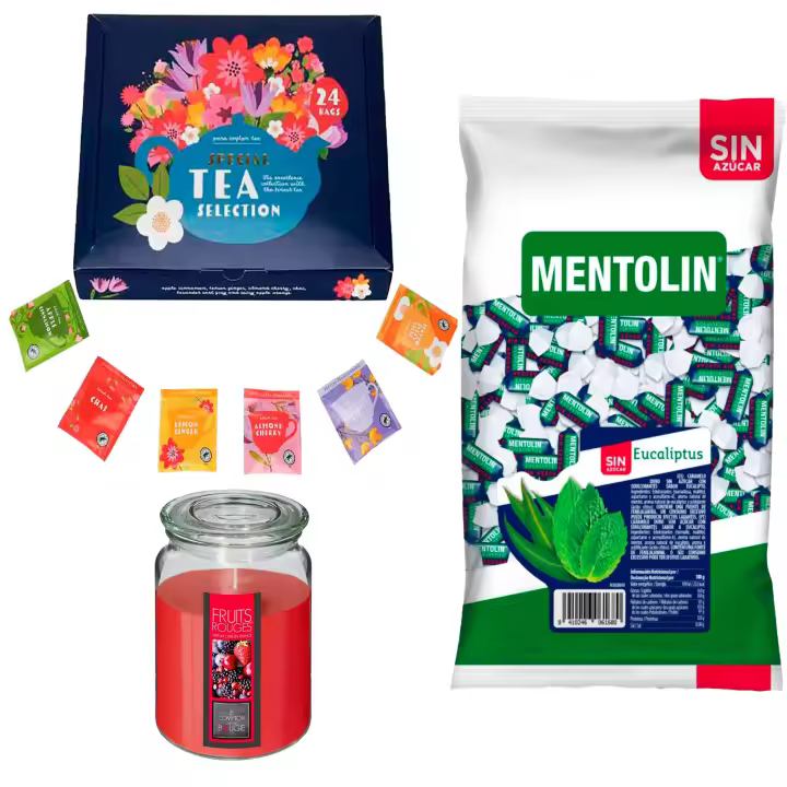 Pack bienestar: MENTOLIN EUCALIPTUS S/A BOLSA 1KG + Vela perfumada de frutos rojos + Set de Te con 24 bolsitas con diferentes sabores y aromas - 1