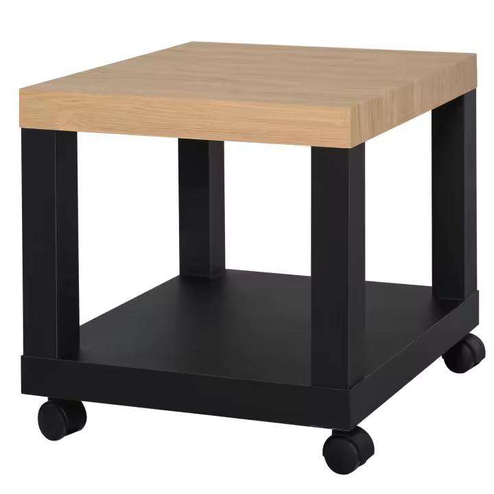 HOMCOM Mesa Lateral para Sofá Mesa de Centro para Salón o Mesita de Noche Multifuncional y con Estante Abierto de Almacenaje con Ruedas 40x40x40 cm Negro y Natural - 1